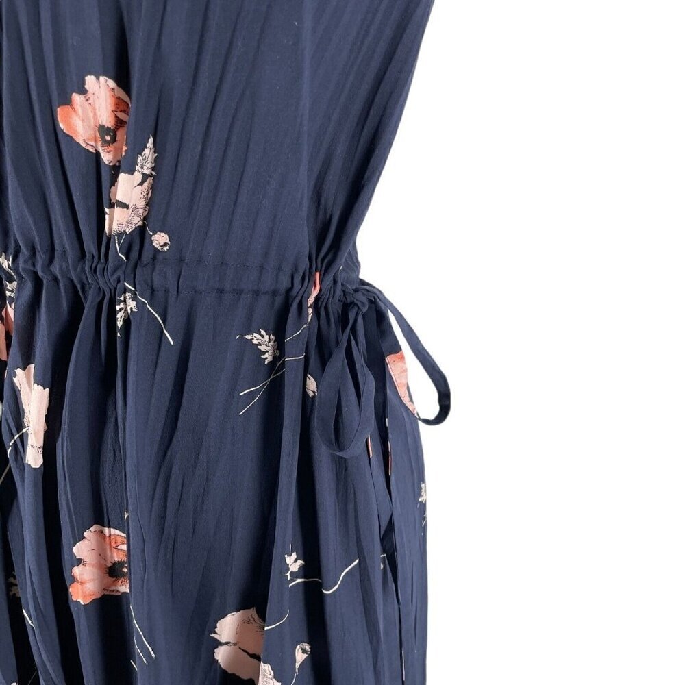 Vince Navy Tossed Poppy Printed Pleated Sleeveless V-Neck Crepe Midi Dress XS - Picture 7 of 10
